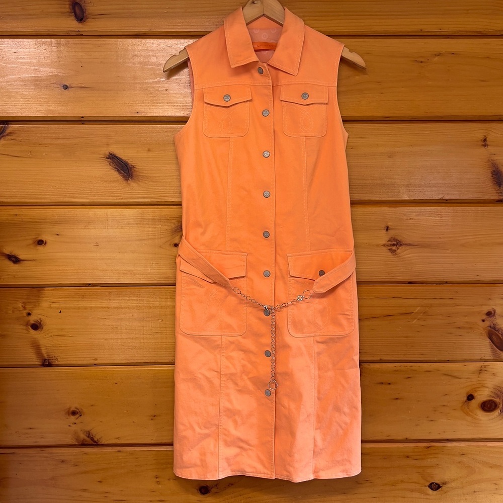 Cynthia Steffe Salmon Lined Denim Sheath Snaps Dress Belted with Notched Collar